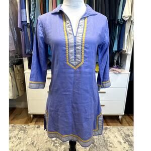 Guru Women's Purple 100% Linen V Neck 3/4 Sleeve Kurta Caftan Beach XS